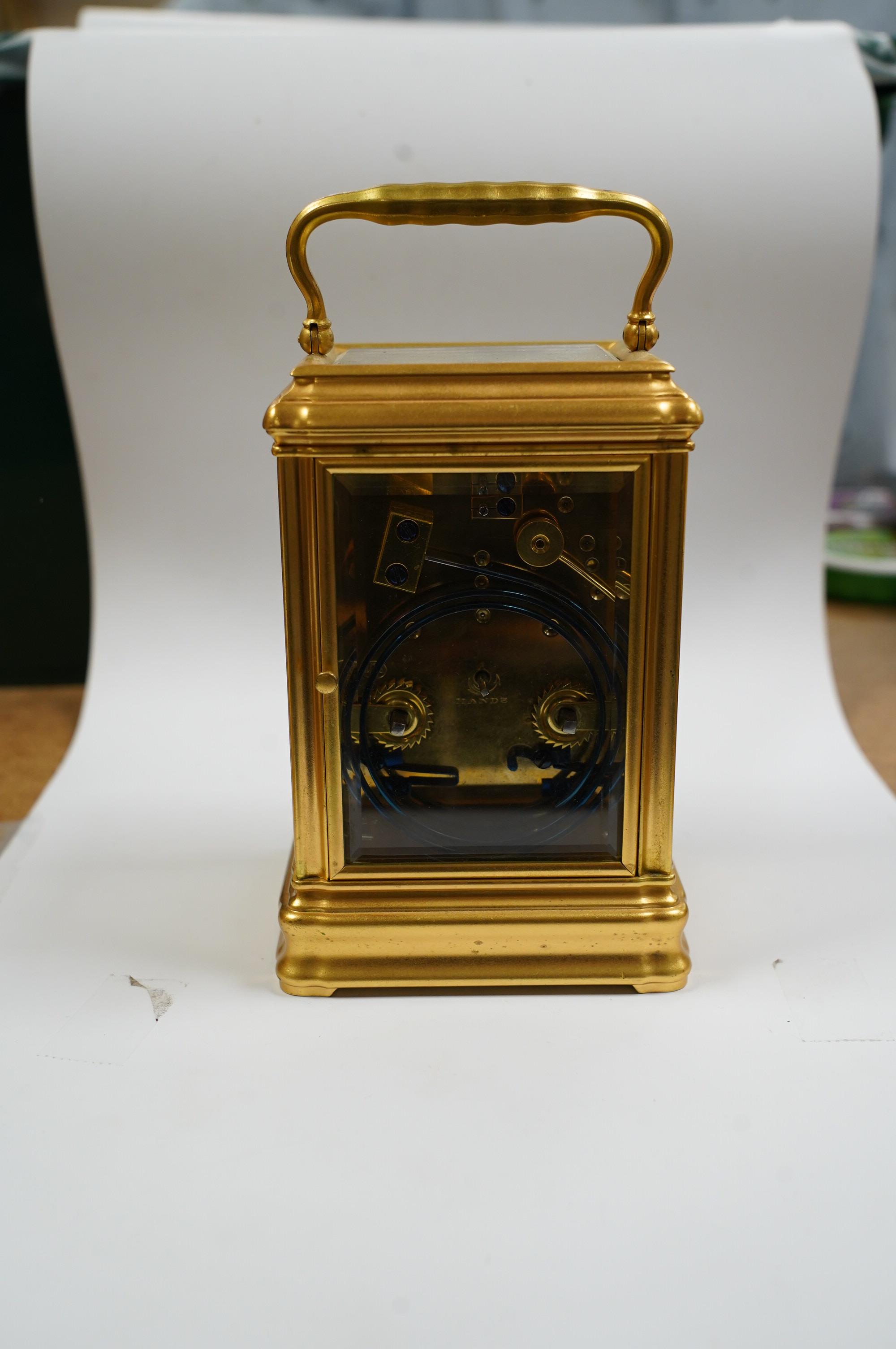 A late 19th century Drocourt carriage clock, in brass gorge case, 14.5cm. Condition - good, not tested